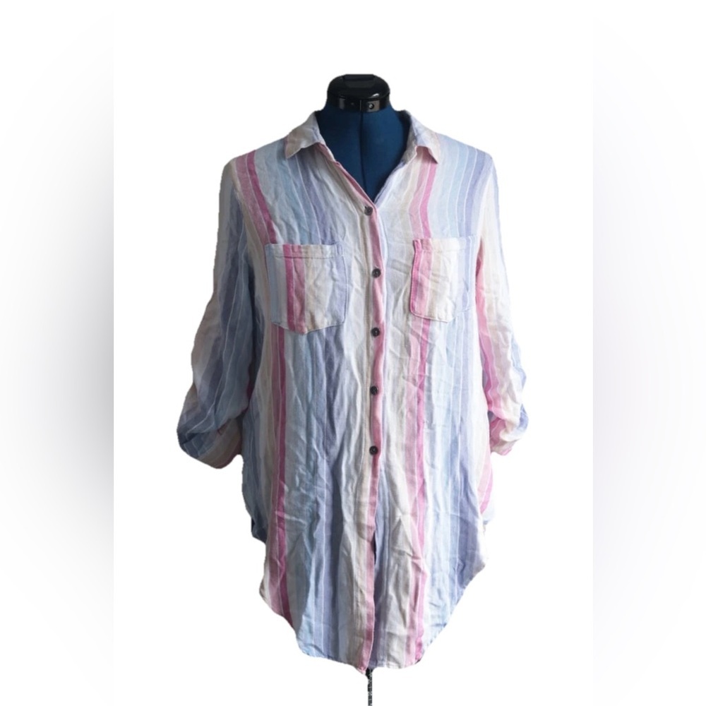 Vintage Havana Lace-Up Back Striped Shirt Sz Med Roll-tab Sleeves Lagenlook